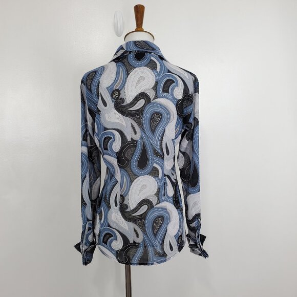 New York & Company Gray Blue Black Paisley French Cuff Retro Top Blouse Size XS - Picture 7 of 13